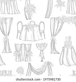 Hand drawn wedding set. Flowers, cakes, arches, decoration for tables,  bridal bouquet. Vector  seamless pattern. 