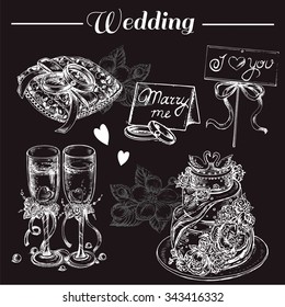 hand drawn wedding set on the black board,  vector illustration