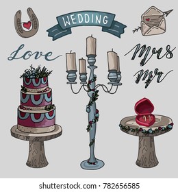 Hand drawn Wedding set. Vector sketch. Festive wedding decoration.