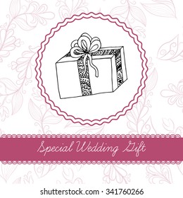 Hand drawn wedding template. Wedding invitation in doodle style. Sketch gift box.
