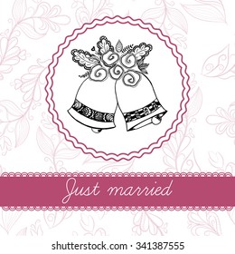 Hand drawn wedding template. Just married template. Wedding bells. Cute template with bells.