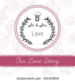 Hand drawn wedding template. Love story template. Wedding card in doodle style.