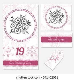 Hand drawn wedding template. Our wedding day template. Roses in doodle style. Card set.