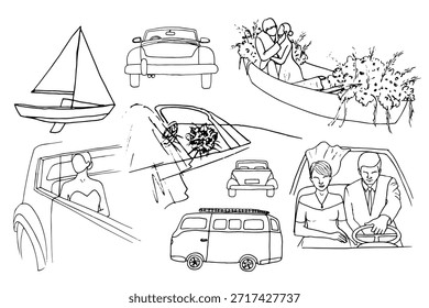 Hand drawn wedding transportation vector set featuring vintage cars, a sailboat, a camper van, and a romantic boat with flowers. Elegant black and white line art for travel-themed wedding decor