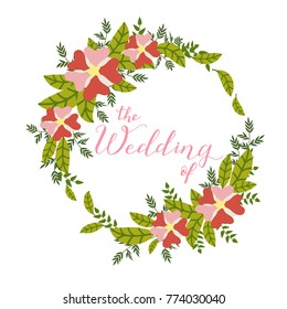 Hand drawn The Wedding of typography lettering poster. Wedding invitation, card, banner template. Flayer, poster template with flower background. Elegant wedding card. Vector spring illustration.