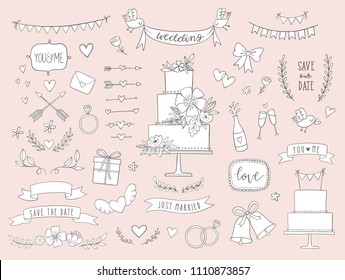 Hand drawn wedding vector collection. Doodle wedding icons, illustrations and design elements for invitations, greeting cards, posters. Arrows, hearts, laurel, wreaths, ribbons, flowers, banners, cake