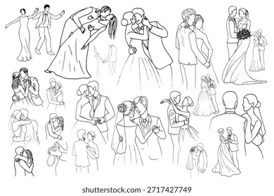 Conjunto de vetor de casamento desenhado à mão de primeiras cenas de dança românticas. Elegante arte em linha preta e branca com noivas e noivos que dançam lentamente, mergulhando e abraçando durante a celebração do casamento