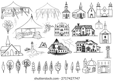Handgezeichnetes Hochzeitslocation-Vektorset mit Eventzelten, Kapellen, Burgen und Landschaftselementen im Freien. Elegante schwarz-weiße Linie Kunst für das Ziel Hochzeit Karten und Einladungen