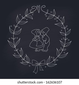 Hand drawn wedding wreath with Dutch kissing couple on chalkboard. Transparency. No gradients.