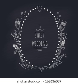 Hand drawn wedding wreath on chalkboard. EPS 10. Transparency. No gradients.