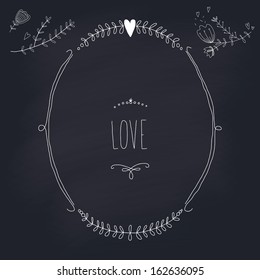 Hand drawn wedding wreath on chalkboard. EPS 10. Transparency. No gradients.