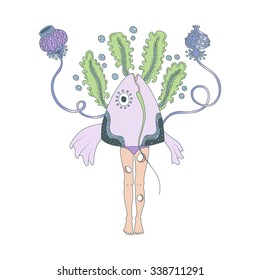 Hand drawn weird fish head with human legs