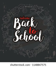 Hand drawn Welcome Back to school on a black background