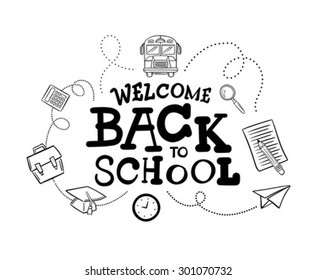 Hand drawn welcome back to school message surrounded by icons vector