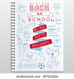hand drawn 'welcome back to school' poster with 'big sale, gifts, discounts' lettering, jolly schoolboy and school supplies. doodle style