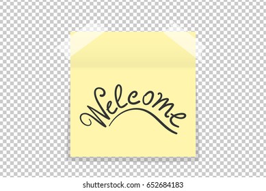 Hand drawn Welcome on yellow office paper sticker with shadow isolated. Vector illustration