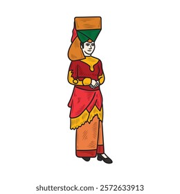 Hand Drawn West Sumatra Culture Illustration Colored - Traditional Clothes of Sumatra Women