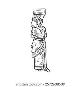 Hand Drawn West Sumatra Culture Illustration Colorless - Traditional Clothes of Sumatra Women