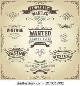 Hand Drawn Western Banners And Ribbons/ Illustration of a set of hand drawn western like sketched banners, floral patterns, ribbons, and far west design elements on vintage striped background