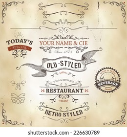 Hand Drawn Western Banners And Ribbons/ Illustration Of A Set Of Hand Drawn Sketched Banners, Ribbons For Food, Restaurant And Beverage Design Elements On Western Leather Background