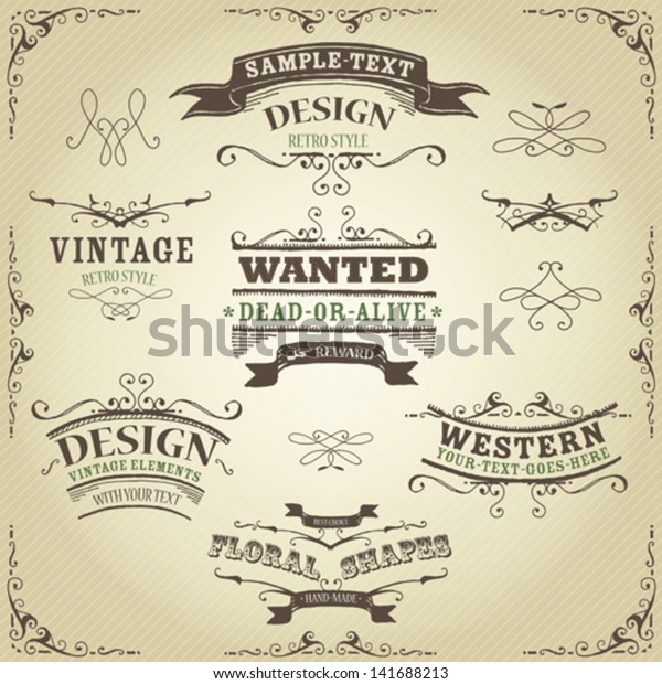Hand Drawn Western\
Banners And Ribbons/ Illustration of a set of hand drawn western\
like sketched banners, ribbons, and far west design elements on\
vintage striped\
background