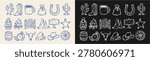 Hand drawn western doodle icon set featuring cactus, cowboy boot, horseshoe, lantern, campfire, sheriff star, cowboy hat, barrel, skull and desert elements