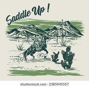 Hand drawn western horse cactus desert landscape t-shirt graphic vector artwork