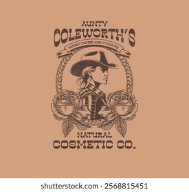 HAND DRAWN WESTERN SOUTHERN COWGIRL WILD WEST COWBOY RETRO PEOPLE GIRL LADY WOMAN VINTAGE TSHIRT TEE PRINT FOR APPAREL MERCHANDISE