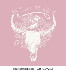 HAND DRAWN WESTERN STEER SKULL SPARROW COWGIRL COWBOY ROSE FLORAL VINTAGE TSHIRT TEE PRINT FOR APPAREL MERCHANDISE