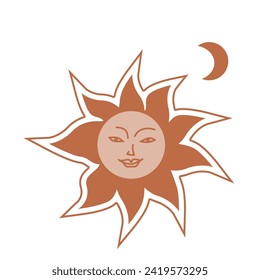 Hand drawn western sun and moon boho elements. Vector illustration in brown colors. Cute mystic sun with face icon. Can used for decoration, card, poster. 