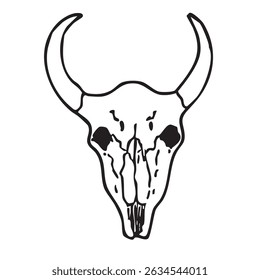 Hand drawn western vector doodle of bull's skull. Line art illustrations with wild west atmosphere.	