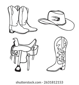 Rabiscos vetoriais ocidentais desenhados à mão. Ilustrações de arte em linha com atmosfera oeste selvagem, botas de cowboy e cowgirl, chapéu e sela de couro