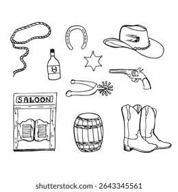 Hand drawn western vector doodles. Line art illustrations with wild west atmosphere, cowboy and cowgirl hat and boots, spur, lasso, revolver, sheriff's star, bottle of whiskey, lasso, sallon