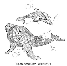 Hand drawn Whale and dolphin . Isolated on white. anti stress Coloring Page Vector monochrome sketch.