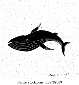 Hand drawn Whale in grunge style, can be used as a print on a t-shirt, textile, background, sign for store for fishing, tattoo, poster