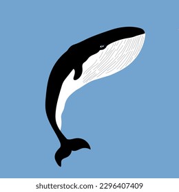 A hand drawn whale on blue background. Ocean and sea life theme. Hand drawn artwork.