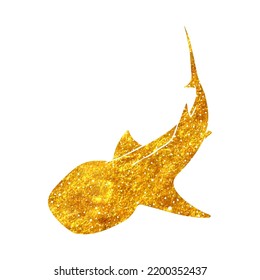 Hand drawn whale shark in gold foil texture vector illustration