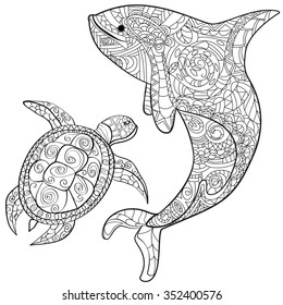 Hand drawn whale and turtle . Isolated on white. anti stress Coloring Page Vector monochrome sketch. svg
