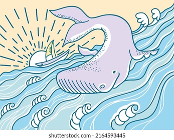 Hand drawn whale vector outline illustration of sea waves and ship. Vector color wavy ocean lines art nautical for design, print