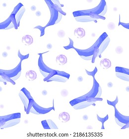 Hand drawn whale watercolor seamless pattern. Can be used for wallpaper, background, fabric print, or children's decorative rooms.