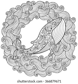 Hand drawn whale in the waves for anti stress Coloring Page with high details, isolated on white background, illustration in zentangle style. Vector monochrome sketch.  