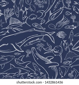 Hand drawn whales and fish. Vector  seamless pattern.