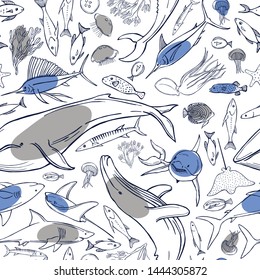 Hand drawn whales and fish. Vector  seamless pattern.