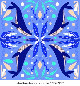Hand drawn Whales and flowers pattern  background/ Folk art vector background.
