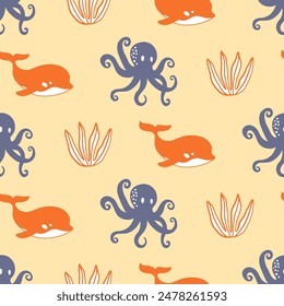 Hand Drawn Whales and Octopus Doodles Seamless Pattern Background Texture. Wallpaper, Childish Minimal Textile Print Design Vector Illustration