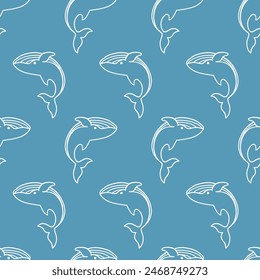 Hand Drawn Whales Sketch Seamless Pattern Background Texture. Wallpaper, Minimal Textile Print Design Vector Illustration, Vintage Retro Style