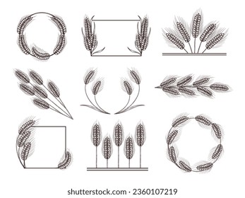 Hand drawn wheat decor. Ear of wheat frame, harvest border and divider. Wheat wreaths vector illustration set of wheat hand drawn, spike and wreath