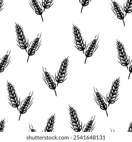 Hand drawn wheat stalks create a seamless pattern on a white background, showcasing agriculture.