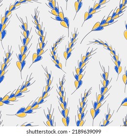 Hand drawn wheat in yellow and blue colors. Seamless pattern. Natural ornament in Ukrainian style.