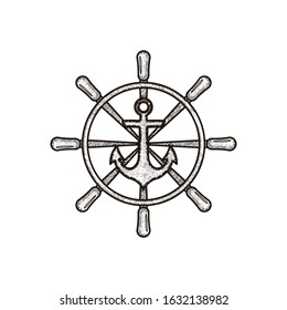 hand drawn wheel steering boat. anchor nautical logo Ideas. Inspiration logo design. Template Vector Illustration. Isolated On White Background